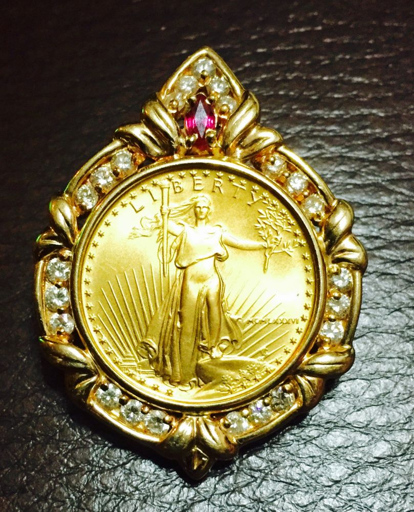 Advice-On-Gold-Coin-In-A-Diamond,-Ruby-&-Gold-Brooch